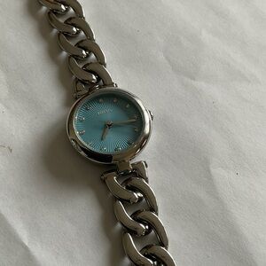 Fossil Silver-Tone Link Watch with Turquoise Sunburst Dial